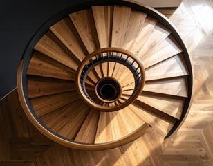 Modern spiral staircase with dramatic shadows, top-down view