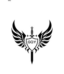 GQY Winged Sword and Shield Logo with GQY Letters, GQY Later Logo, Heraldic Emblem, Black and White Vector Design
