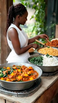 A buffet of African food featuring stew, rice, and greens is prepared by a woman in a white dress, ready for serving at a gathering. It's a beautiful spread of local cuisine.