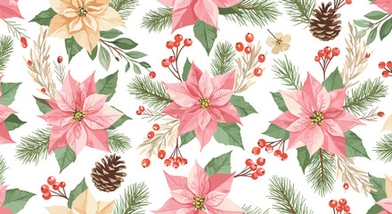 Festive poinsettia pattern with pine branches, red berries, and pinecones for holiday celebrations seamless design