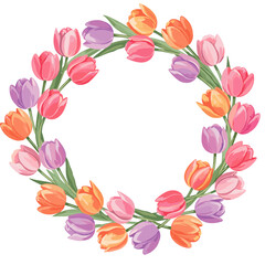Fototapeta premium Elegant tulip wreath illustration in vibrant spring colors, perfect for seasonal designs and decorative elements