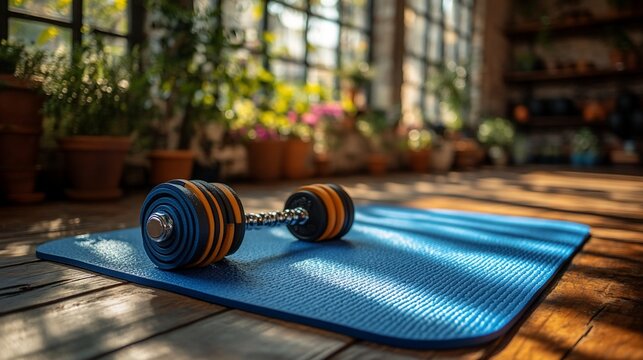 Dumbbells resting on a blue yoga mat in a sunlit room filled with plants, suggesting a home gym or fitness space
