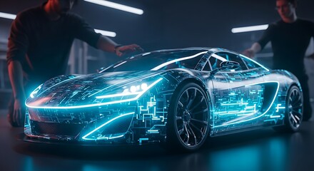Dynamic sports car with vibrant blue glowing digital circuit patterns and futuristic headlamps in a dark, high-tech garage.