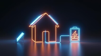 Neon house solar panel battery energy storage renewable electricity futuristic glowing technology sustainability, modern neon illustration of house powered by solar panel and connected to battery - Powered by Adobe