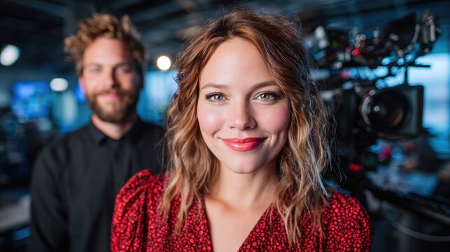 A vibrant scene featuring a confident woman with wavy hair and bright lipstick, alongside a bearded man, capturing the essence of teamwork in a creative studio environment.