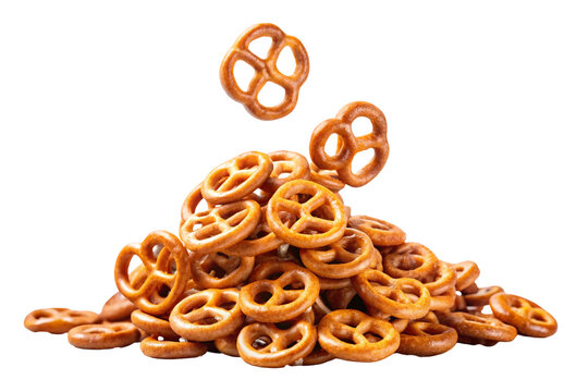 Falling salted pretzels isolated on white background
