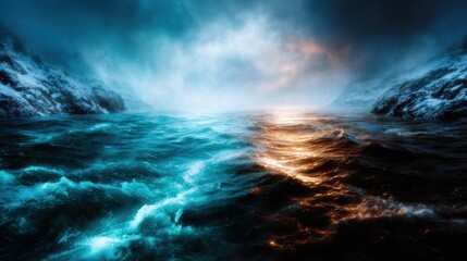 Fototapeta premium A mesmerizing abstract landscape portraying the clash of turbulent waters and ethereal skies, representing nature's raw beauty and unpredictable essence.