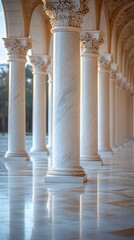 Naklejka premium Elegant colonnade with marble columns, sunlight reflecting on polished floor, architectural detail, classical design