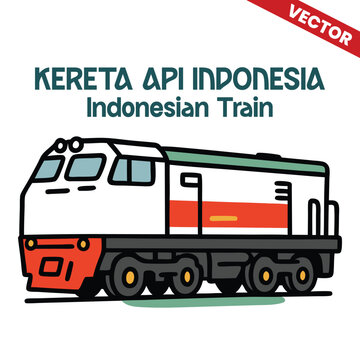 Vector illustration of a Indonesian train locomotive, showcasing a sleek white and red locomotive with bold design, representing Kereta Api Indonesia's modern transportation