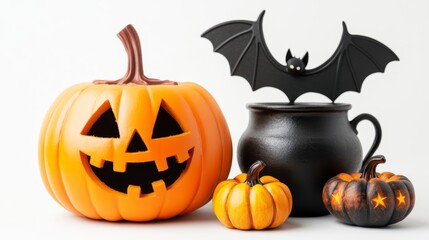 Jack-o'-lantern, black cauldron, small pumpkins, and bat decoration on white background.