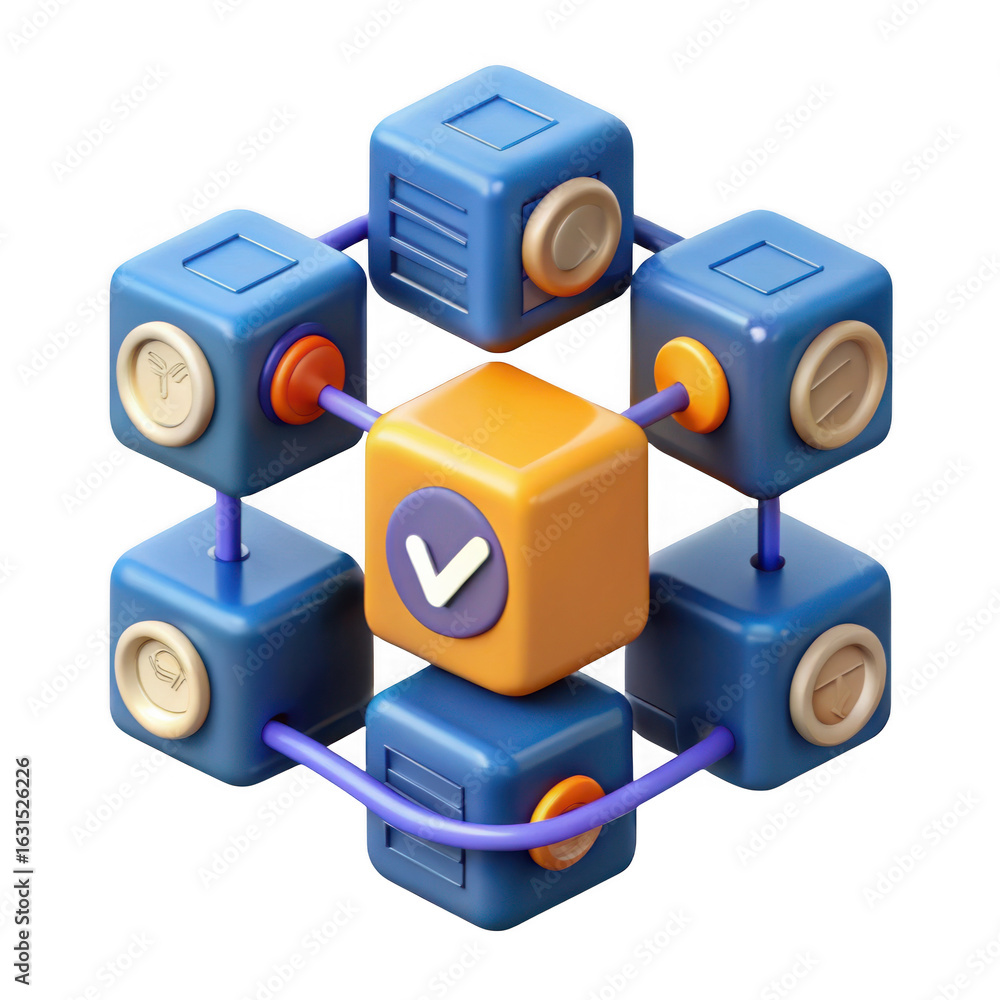 Poster abstract network of blue and orange cubes with checkmark isolated on transparent background