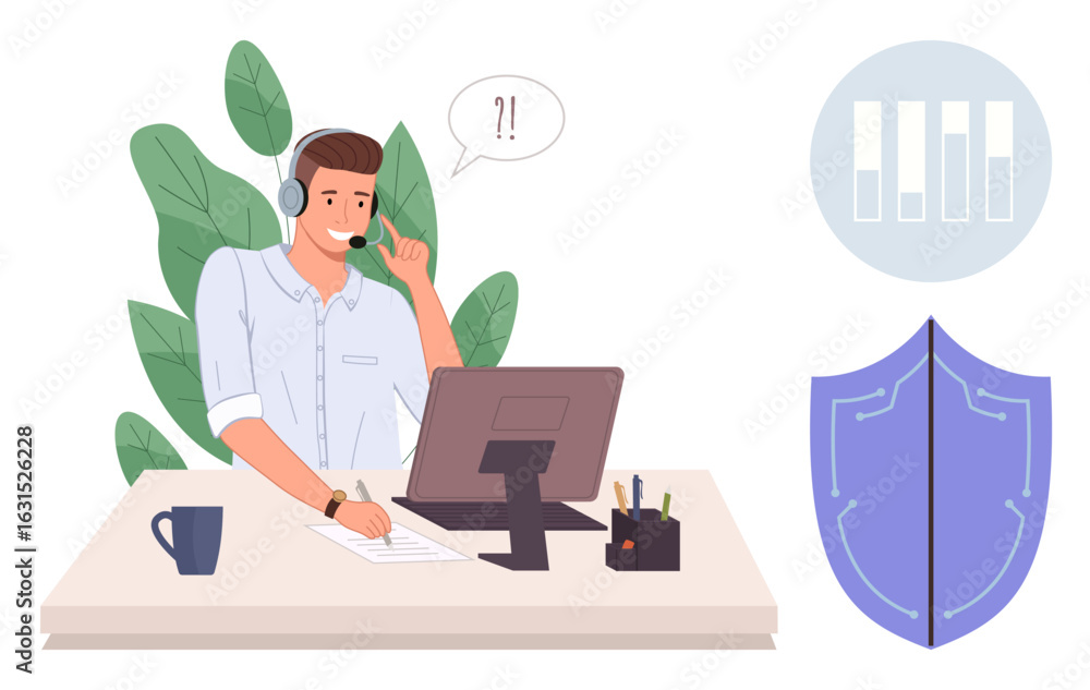 Poster professional on headset talking at desk, surrounded by plants, working on computer with data chart a