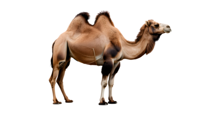 A full body shot of a dromedary camel standing on a white background in a studio setting looking right on transparent background