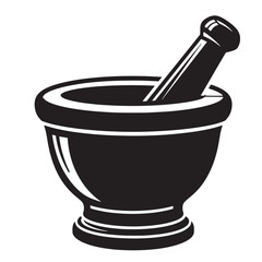 Black and white illustration of a mortar and pestle for grinding and mixing ingredients