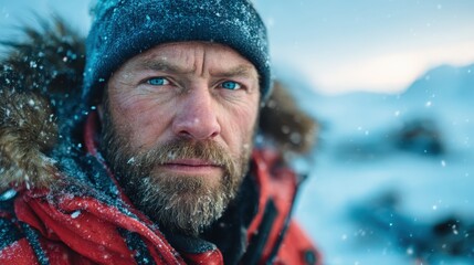 A rugged man adorned in winter gear stares intensely into the camera, capturing the spirit of adventure and resilience against a snow-covered backdrop.