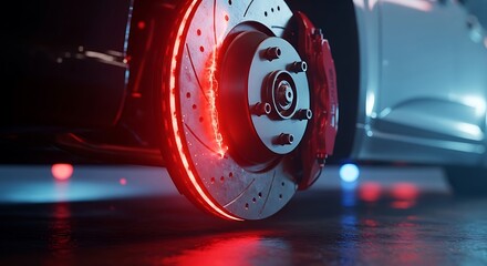 Dramatic close-up of a glowing red high-performance car brake disc with a vibrant red caliper in a dark environment.