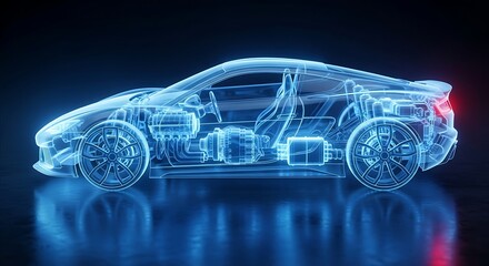 Naklejka premium Side view of a glowing transparent sports car revealing its advanced internal engineering and powerful drivetrain.
