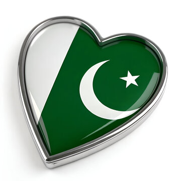 recommend clip art: Trendy heart-shaped Pakistani flag icon with metallic border.