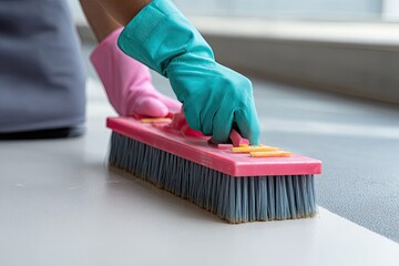 Person in teal and pink cleaning gloves scrubbing a floor with a large brush