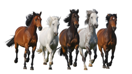 A group of five horses running together on a white background with flowing manes and tails racing on transparent background
