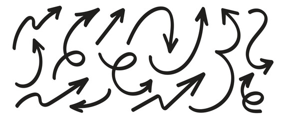 Black hand drawn arrows set vector. Doodle sketch curved and swirly arrows for infographic, presentation, and highlight design.