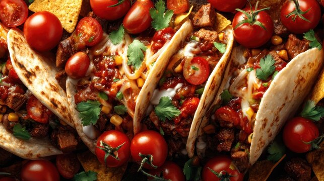 A tantalizing display of delicious tacos filled with vibrant ingredients, ready to satisfy cravings with flavors and colors that encapsulate culinary delight.