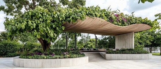 Modern Architectural Pavilion with Lush Greenery.
