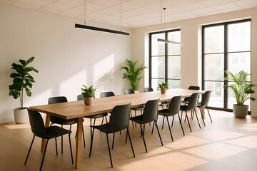 Modern Coworking Interior with Long Table