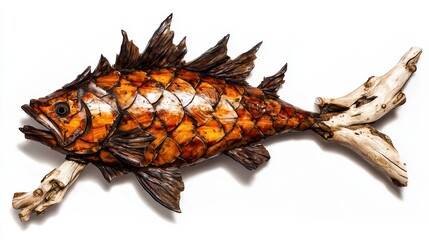 Intricate Wooden Fish Sculpture on Driftwood.