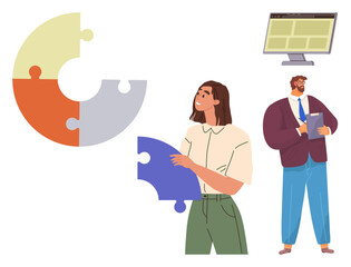 Woman holding puzzle piece beside circular puzzle graphic and man reviewing documents near computer screen. Ideal for teamwork, problem-solving, strategy, planning, creativity, collaboration, simple