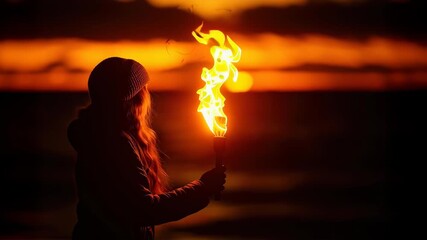 Holding a torch while watching the sunset by the beach in a serene evening atmosphere