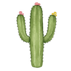 Watercolor illustration of a saguaro cactus with pink and yellow flowers, showcasing desert flora and botanical beauty, perfect for nature-themed design projects