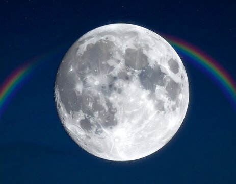 Full moon dominates a night sky, framed by a vibrant, partial rainbow arc