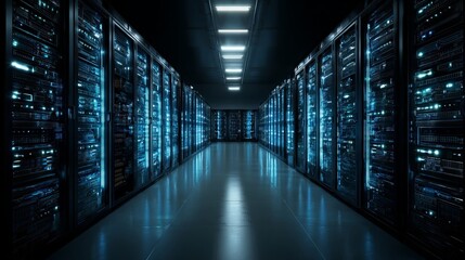 A futuristic data center hallway with rows of glowing server racks, creating a high-tech ambiance.