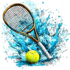 Tennis Racket and Ball in Blue Splash