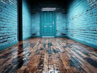 Teal Brick Wall Corridor with Wooden Floor and Door.