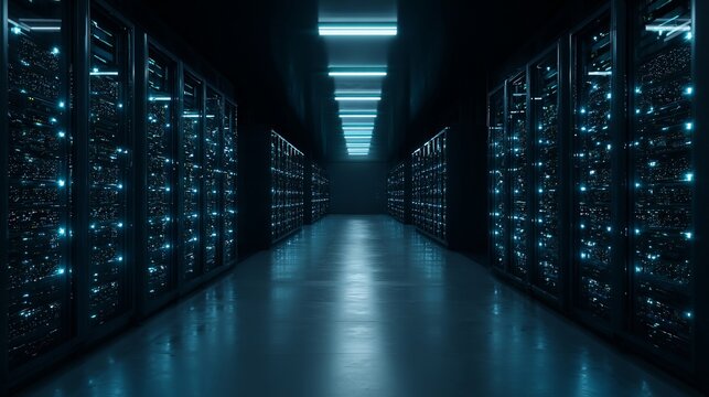 A futuristic data center with glowing server racks illuminated in blue light, creating a sleek, high-tech atmosphere.