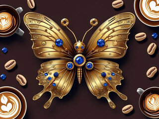 Golden butterfly adorned with blue gems, set against a rich chocolate background with coffee cups and beans, blending luxury and nature in a digital art style.