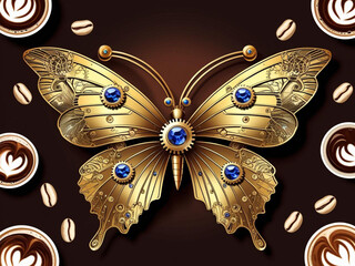 Golden butterfly adorned with blue gems, set against a rich chocolate background with coffee cups and beans, blending luxury and nature in a digital art style.