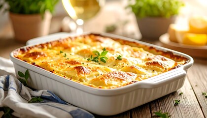Golden-brown baked pasta dish in a white rectangular baking pan, sitting on a wooden table