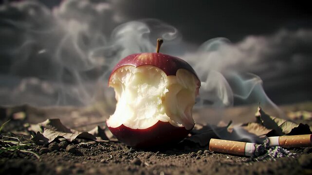 Bitten Red Apple Core and Cigarette Butts with Smoke Trails on the Dry Ground under a Cloudy Sky
