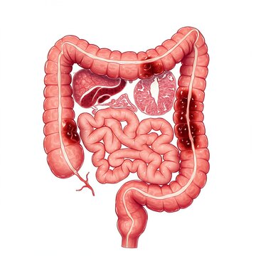 an extremely dilated or distended segment of the colon, visually conveying the severe and dangerous condition of toxic megacolon