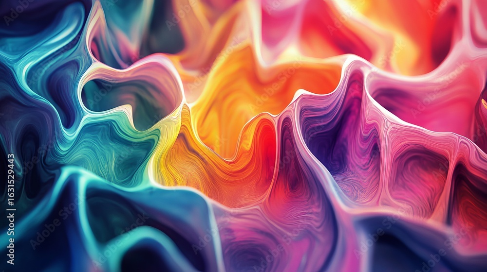 Poster abstract multicolored fluid art with flowing curves and vibrant color transitions creating depth