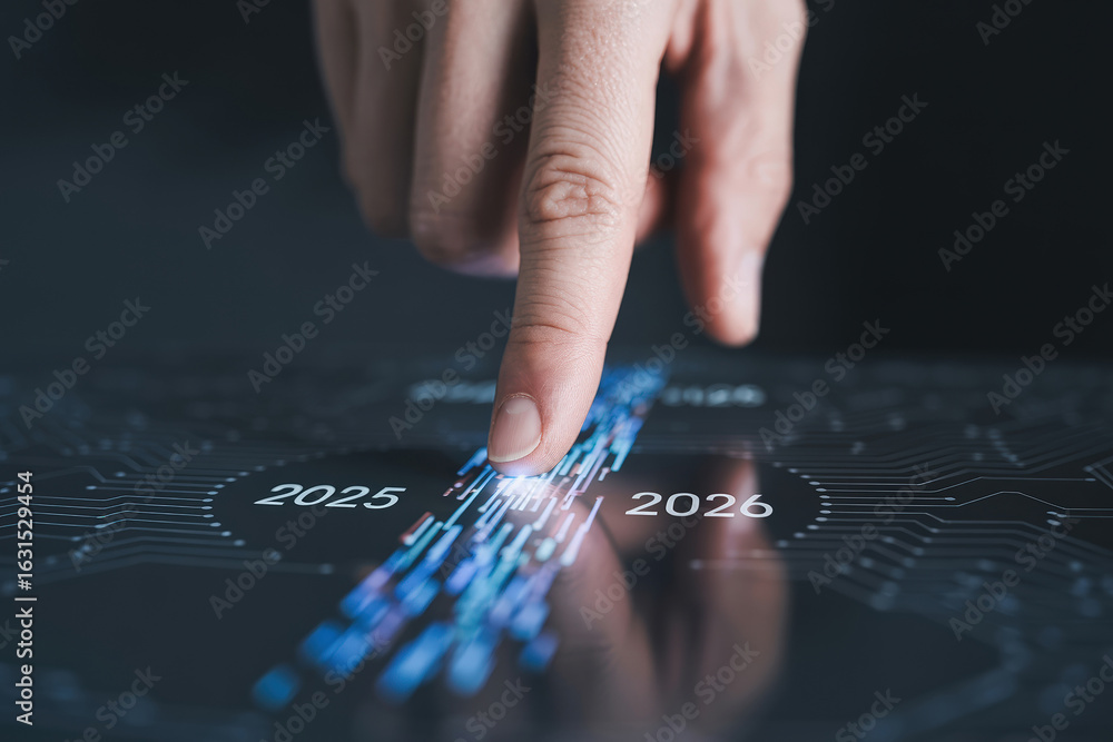 Poster forecasting the future a finger taps the year 2026 on a digital screen displaying technological adva