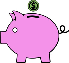 Pink piggy bank receiving a green coin on white surface representing savings and financial security, conveying a sense of hope and future planning.