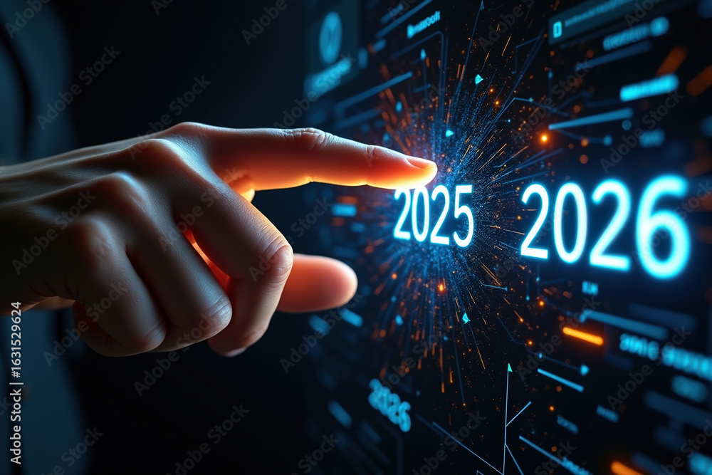 Poster forecasting the future a finger points to 2025 and 2026 on a digital screen representing technology 