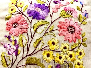 Beautiful embroidered fabric with floral and leaf motifs. Dominated by red, white and green. ...