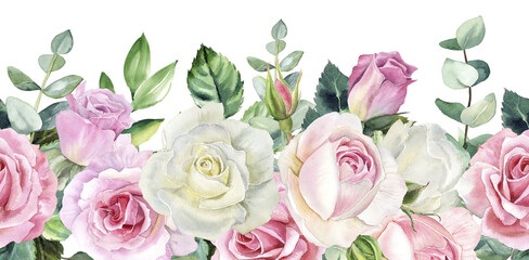 Watercolor seamless border of delicate roses and greenery. Perfect for wedding invitations, stationery, floral branding, or home decor.