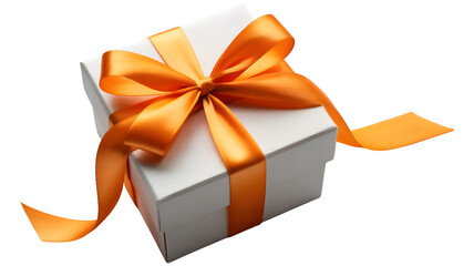 A white gift box with an orange ribbon tied in a bow on a white background in a studio shot view on transparent background