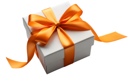 A white gift box with an orange ribbon tied in a bow on a white background in a studio shot view on transparent background